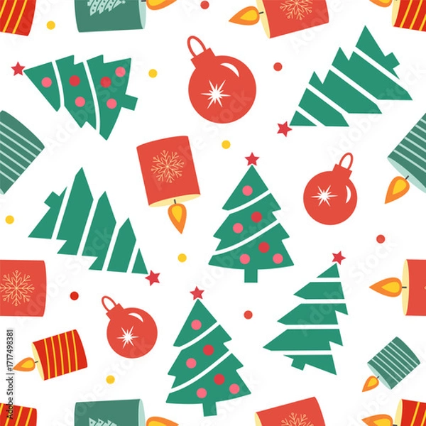 Fototapeta Seamless Christmas background with trees, toys and candles