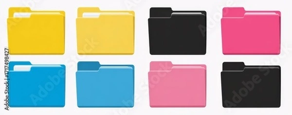 Fototapeta Flat vector icon set of folders in yellow, blue, pink and black colors on white background for organization, file management and digital interface.