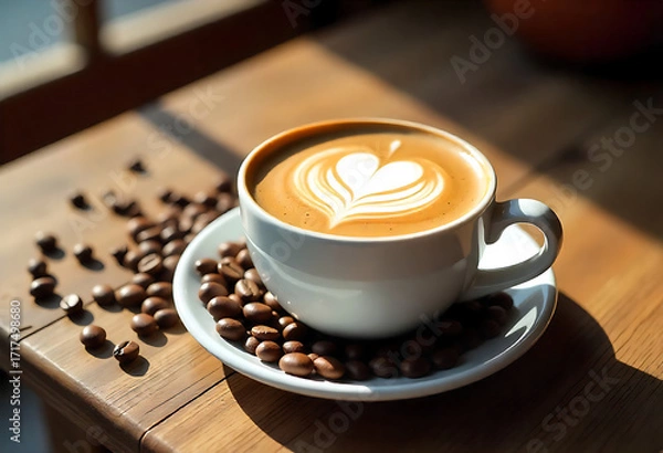 Fototapeta An unique and realistic still life of a steaming latte with heart art in a white cup on saucer, coffee beans on warm wood, with beautiful background 
