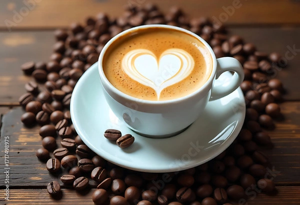 Fototapeta An unique and realistic still life of a steaming latte with sweet heart art in a white cup on saucer, coffee beans on warm wood, with beautiful background.