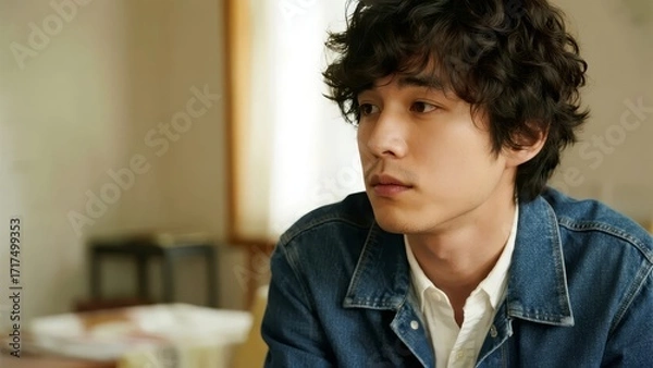 Fototapeta A young man with curly hair wearing a denim jacket sits indoors, looking thoughtfully to the side in a softly lit room.