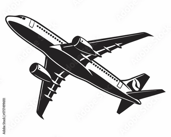 Fototapeta An unique black silhouette of a commercial airplane side view left to right on white background. Clean and minimal, centered graphic or logo icon of flight.