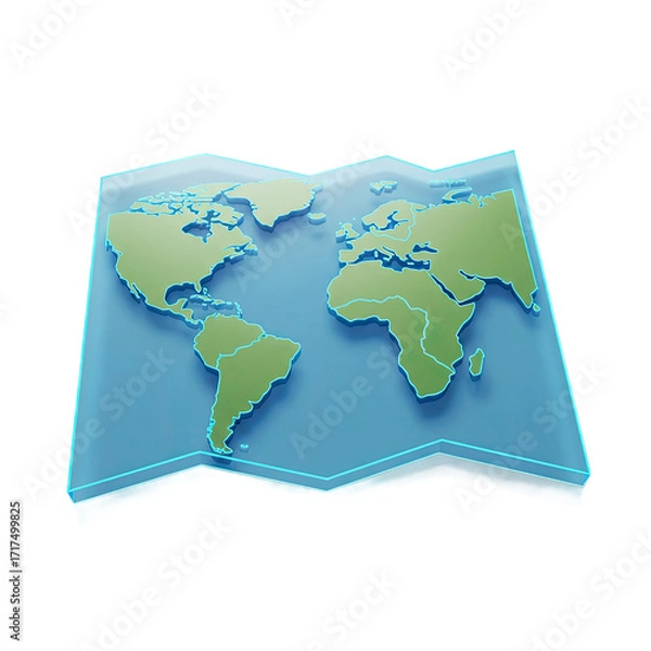 Obraz 3D Render of a Glass World Map with Glowing Blue Edges on a Light Blue Background for Global Business Concepts