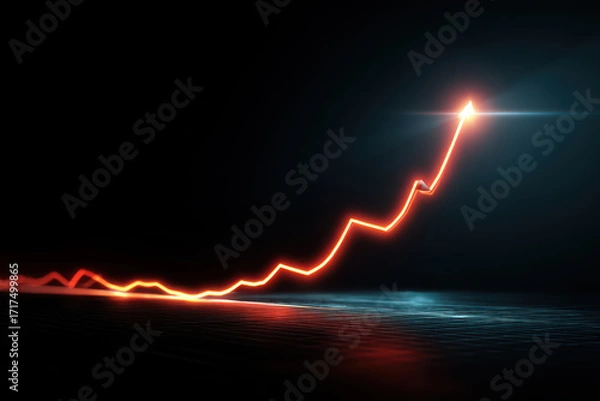 Fototapeta Neon line upward trend glowing graph dark background surge momentum