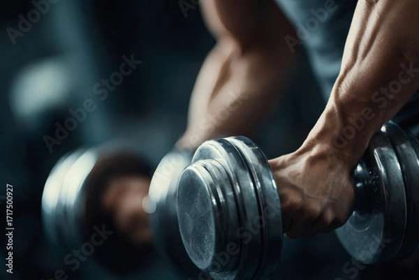 Fototapeta Realistic Close-Up of Muscular Arms Lifting Dumbbell in Gym