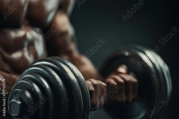 Fototapeta Realistic Close-Up of Muscular Arms Lifting Dumbbell in Gym