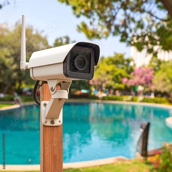 Fototapeta Security camera in a park by a pool