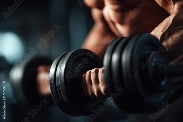 Fototapeta Realistic Close-Up of Muscular Arms Lifting Dumbbell in Gym