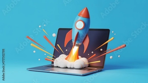 Fototapeta 3D Render of a Rocket Launching from a Laptop Screen