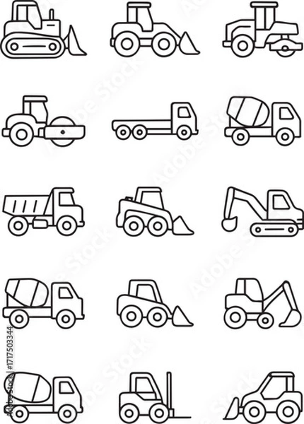 Fototapeta Construction vehicle line icon set. Vector pictograms of bulldozer, loader, grader, paver, roller, lowboy hauler, utility, concrete mixer, thin linear illustration