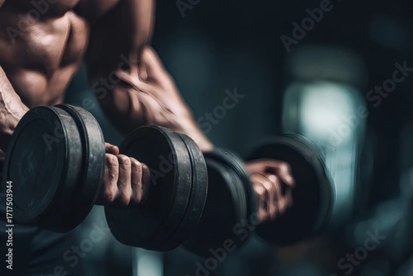 Fototapeta Realistic Close-Up of Muscular Arms Lifting Dumbbell in Gym