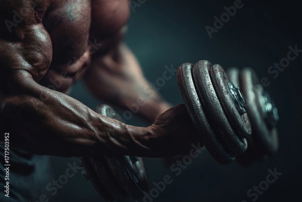 Fototapeta Realistic Close-Up of Muscular Arms Lifting Dumbbell in Gym