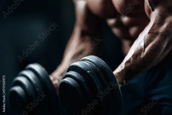 Fototapeta Realistic Close-Up of Muscular Arms Lifting Dumbbell in Gym