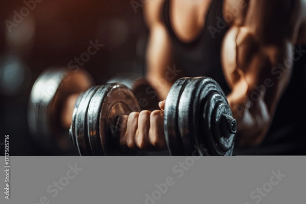 Fototapeta Realistic Close-Up of Muscular Arms Lifting Dumbbell in Gym