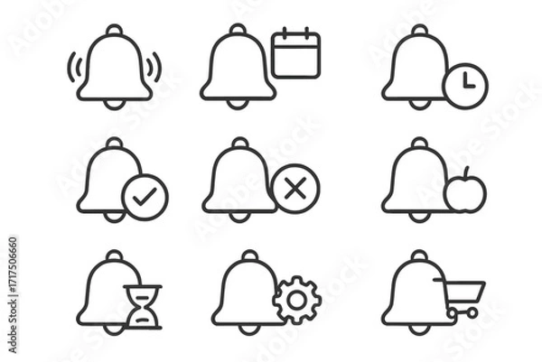 Fototapeta Notification bell thin line icon set. Alert, reminder, and message symbols. Editable stroke vector icons for web, ui, app. Includes calendar, clock, settings, and shopping cart.