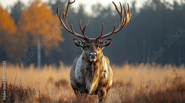 Obraz Majestic Reindeer Bull with Full Antler Rack in Autumn Landscape