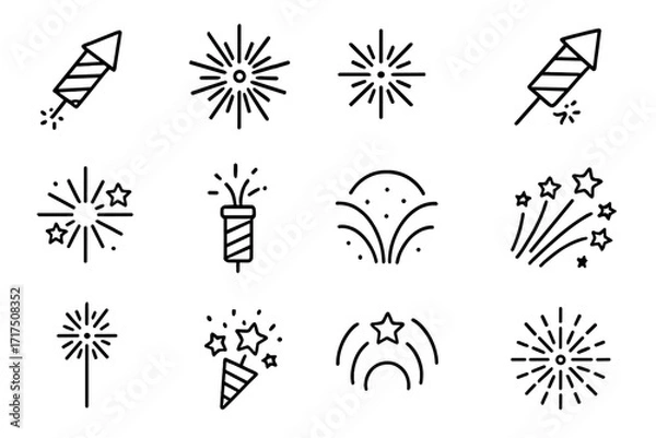 Fototapeta Fireworks line icon set for celebration, party, new year. Firecracker, rocket, sparkler, salute outline symbols. Vector pyrotechnic pictogram collection for web, app, UI design.