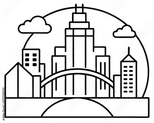 Fototapeta Minimalist Cityscape Outline with Bridge and Clouds in a Circular Frame coloring book