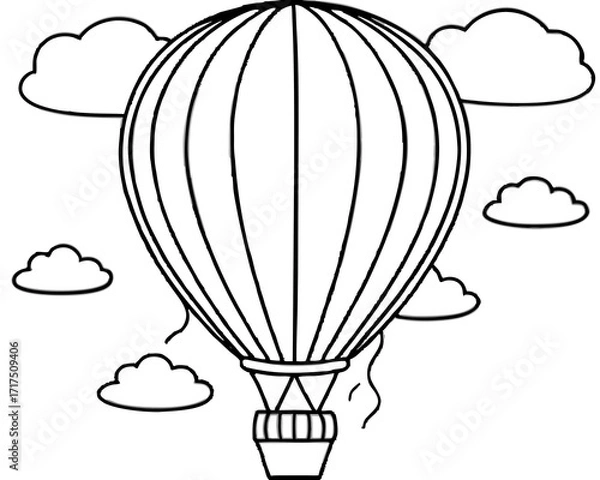 Fototapeta Hot Air Balloon Coloring Page with Clouds in a Simple Black Outline