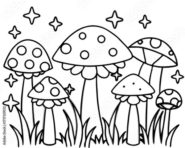 Fototapeta Whimsical Mushroom Patch Coloring Page with Stars and Simple Outline