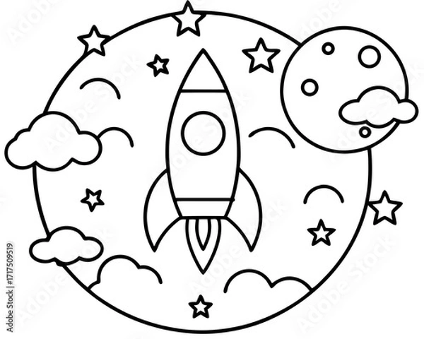 Fototapeta Rocket Ship Flying in Space with Stars Moon and Clouds Outline coloring book
