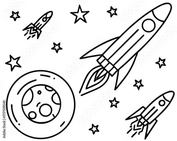 Fototapeta Space Exploration Line Art Illustration Featuring Rockets Stars and a Planet coloring page