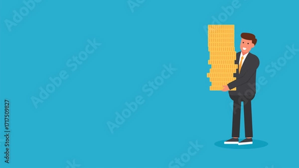Obraz Flat Illustration Design of a Businessman Carrying a Large Gold Coin. Perfect for Finance, Investment, and Financial Success Themes.