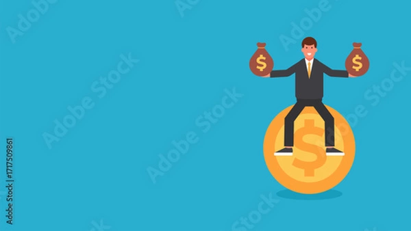 Obraz Flat Illustration Design of a Businessman Sitting on a Large Gold Coin Holding Two Bags of Money. Perfect for Business, Finance, Investment, and Financial Success Themes.