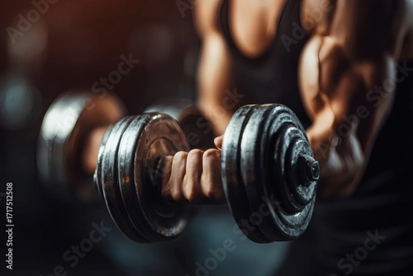 Fototapeta Realistic Close-Up of Muscular Arms Lifting Dumbbell in Gym