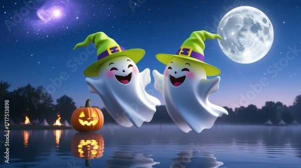 Fototapeta Two Happy Cartoon Ghosts in Witch Hats Dancing Under a Full Moon with a Jack-o-Lantern.