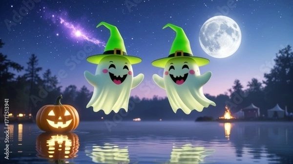 Fototapeta Two Cheerful Ghosts in Witch Hats Float Above a Lake on a Starry Halloween Night.