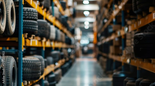 Fototapeta Stacked New Tires arranged in rows in Automotive Warehouse