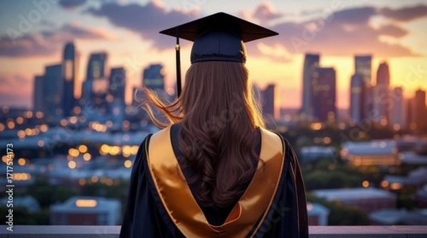 Fototapeta Graduate in cap and gown overlooking a vibrant city skyline at sunset symbolizing future success and new beginnings.