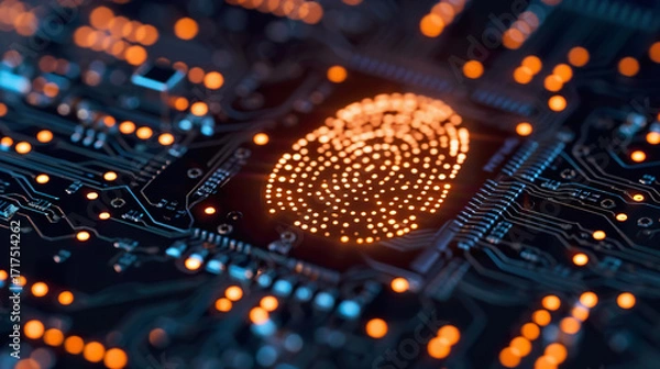 Fototapeta Glowing fingerprint pattern on futuristic circuit board