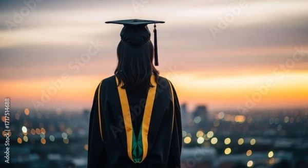 Fototapeta Graduate in cap and gown overlooking a vibrant city skyline at sunset symbolizing future and success.