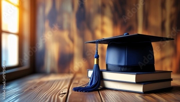 Fototapeta Graduation Cap and Tassel Resting on Stacked Books on Wooden Table.