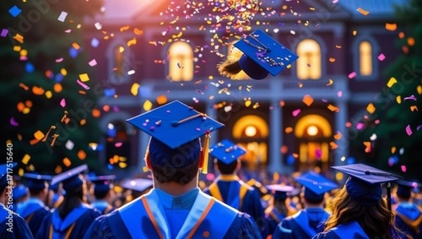 Fototapeta Graduates in Caps and Gowns Celebrate with Confetti Toss at University Commencement Ceremony.