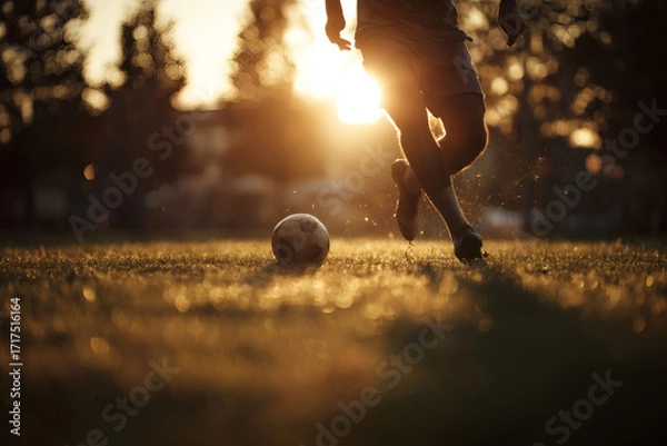 Fototapeta Soccer Player Mid-Kick on Grassy Field with Backlit Action