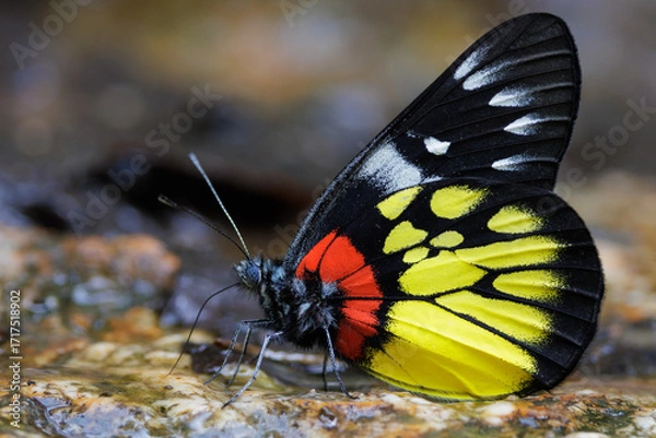 Obraz Red-based Jezebel butterfly drinking water on stone