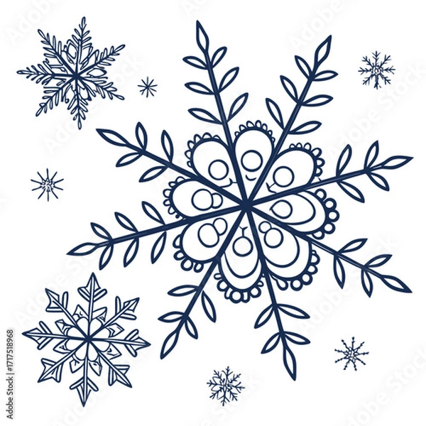 Fototapeta Collection of delicate dark blue line art snowflakes on a clean white background for winter holidays