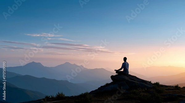 Obraz 静かな山並みを望みながら瞑想する男性