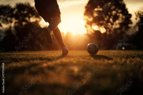 Fototapeta Soccer Player Mid-Kick on Grassy Field with Backlit Action