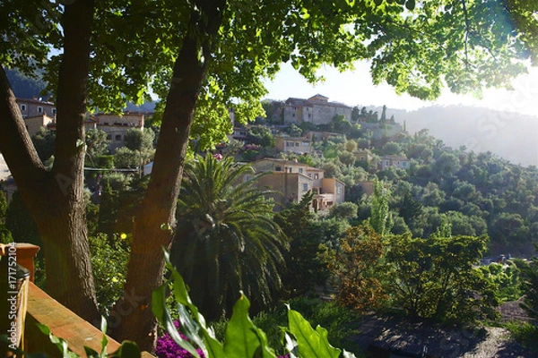 Fototapeta High view of a monastery roof tops midst beautiful green surroundings