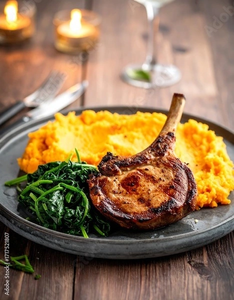 Fototapeta Delicious Grilled Pork Chop with Mashed Sweet Potatoes and Spinach.