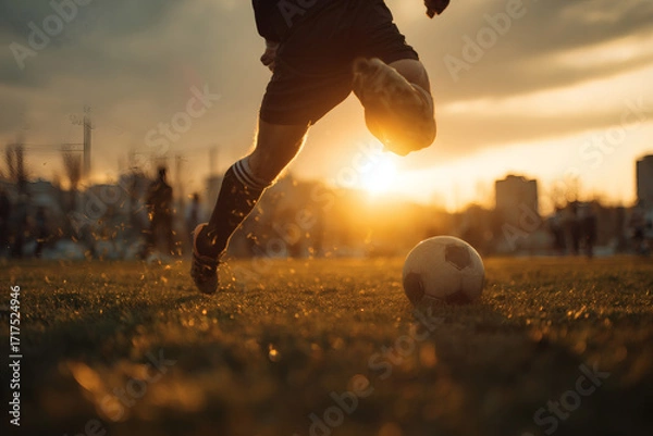 Fototapeta Soccer Player Mid-Kick on Grassy Field with Backlit Action