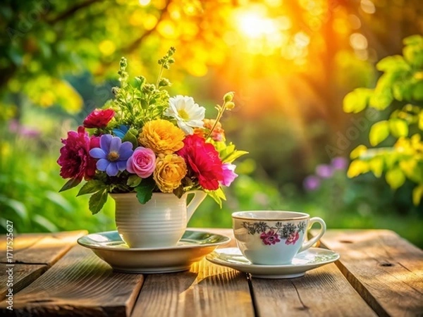 Fototapeta Serene Tea Ceremony: Floral Still Life with Delicate Teacup and Blossoms