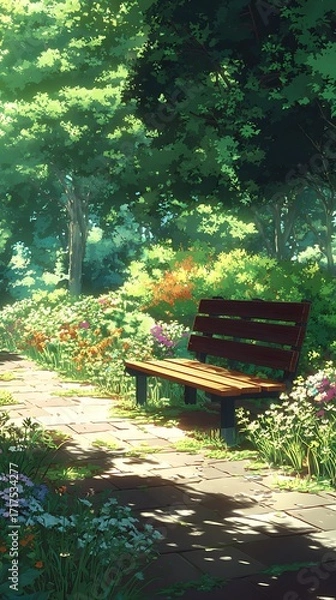 Fototapeta The park bench is located in the center of an open space surrounded by trees and flowers