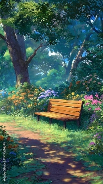 Fototapeta The park bench is located in the center of an open space surrounded by trees and flowers