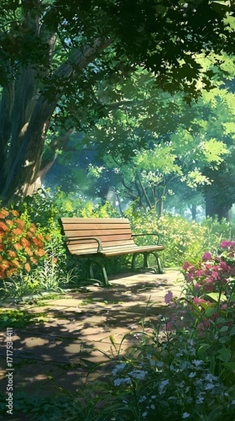Fototapeta The park bench is located in the center of an open space surrounded by trees and flowers