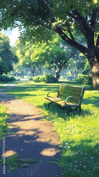 Fototapeta The park bench is located in the center of an open space surrounded by trees and flowers